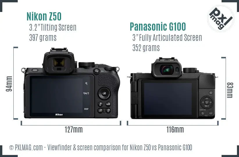 Nikon Z50 vs Panasonic G100 Screen and Viewfinder comparison