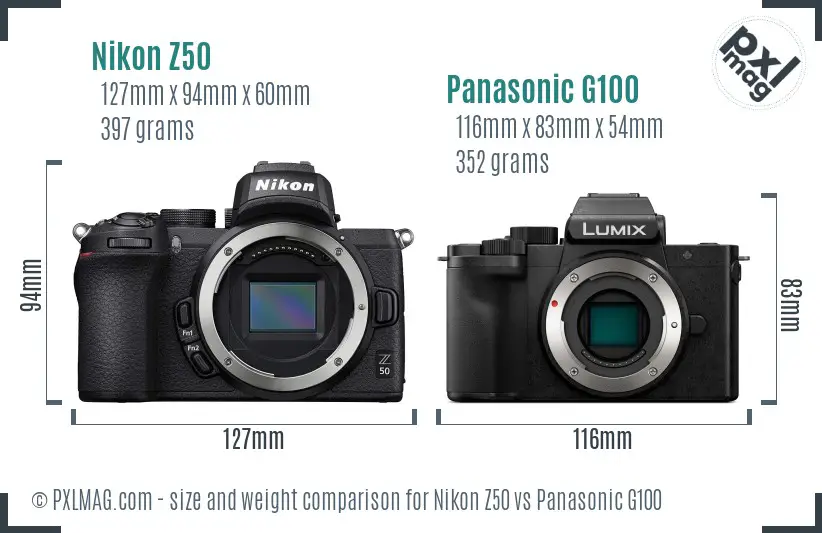 Nikon Z50 vs Panasonic G100 size comparison