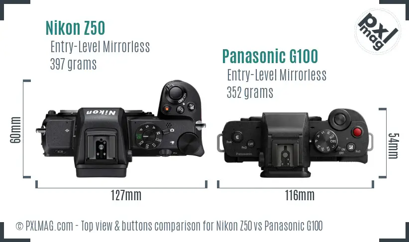 Nikon Z50 vs Panasonic G100 top view buttons comparison