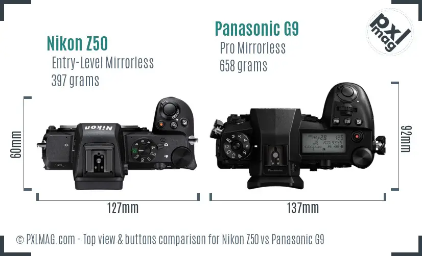 Nikon Z50 vs Panasonic G9 top view buttons comparison