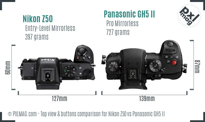 Nikon Z50 vs Panasonic GH5 II top view buttons comparison
