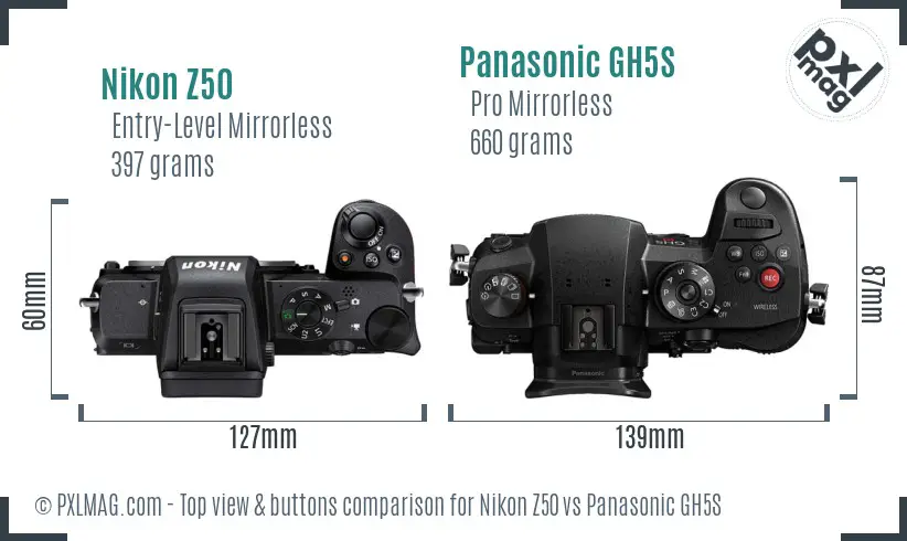 Nikon Z50 vs Panasonic GH5S top view buttons comparison