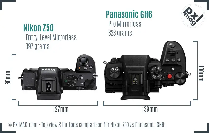 Nikon Z50 vs Panasonic GH6 top view buttons comparison