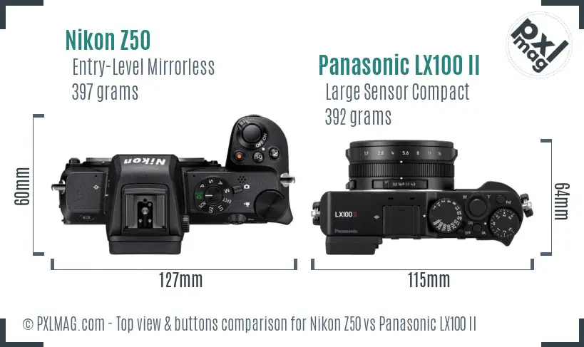 Nikon Z50 vs Panasonic LX100 II top view buttons comparison