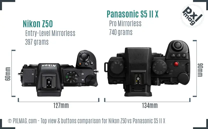 Nikon Z50 vs Panasonic S5 II X top view buttons comparison Nikon Z50 vs Panasonic S5 II X top view buttons comparison