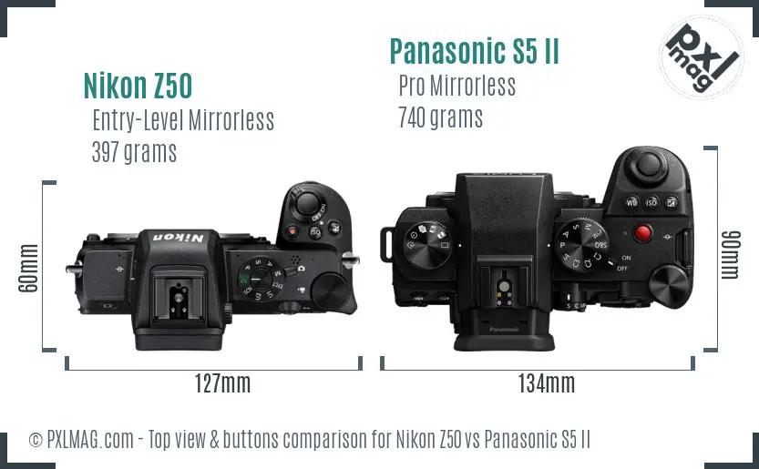 Nikon Z50 vs Panasonic S5 II top view buttons comparison