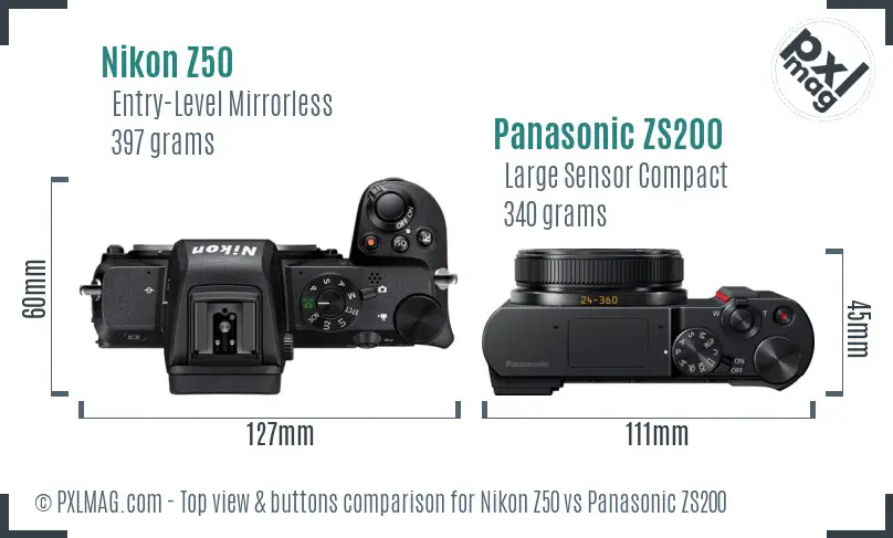 Nikon Z50 vs Panasonic ZS200 top view buttons comparison