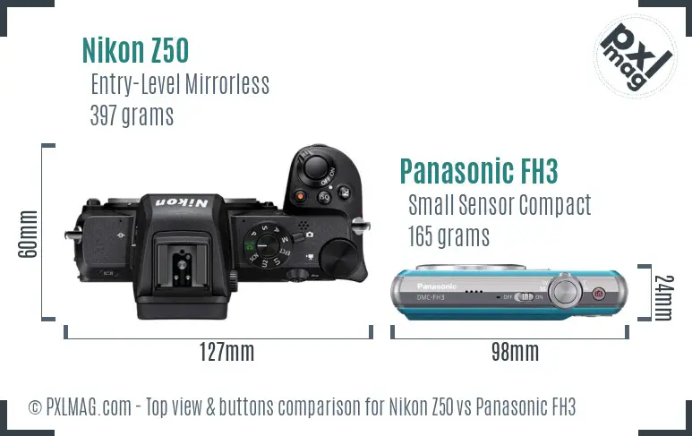Nikon Z50 vs Panasonic FH3 top view buttons comparison