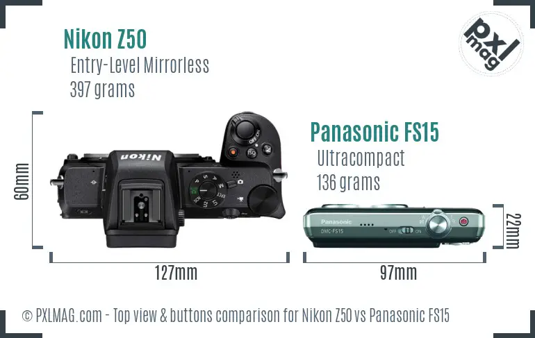 Nikon Z50 vs Panasonic FS15 top view buttons comparison