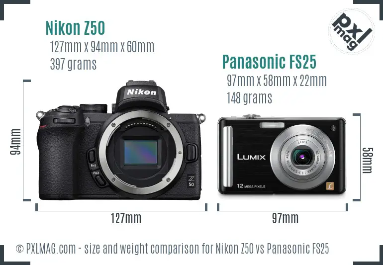 Nikon Z50 vs Panasonic FS25 size comparison