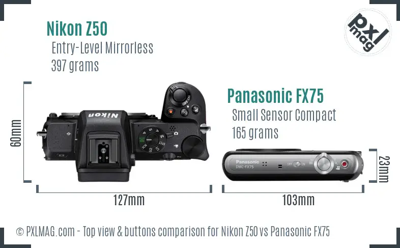 Nikon Z50 vs Panasonic FX75 top view buttons comparison