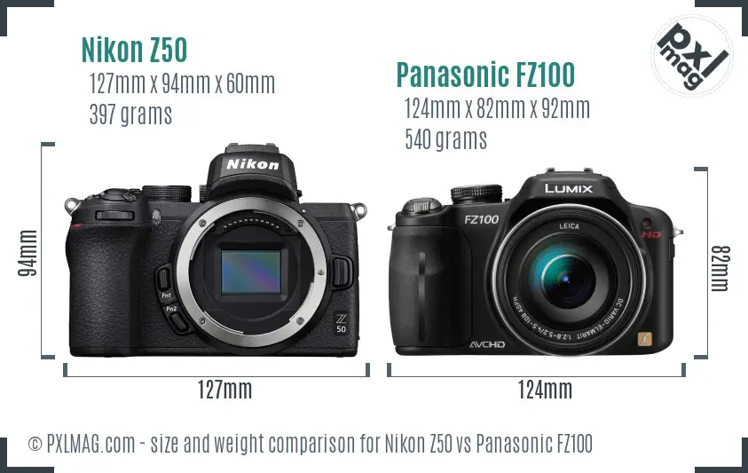 Nikon Z50 vs Panasonic FZ100 size comparison