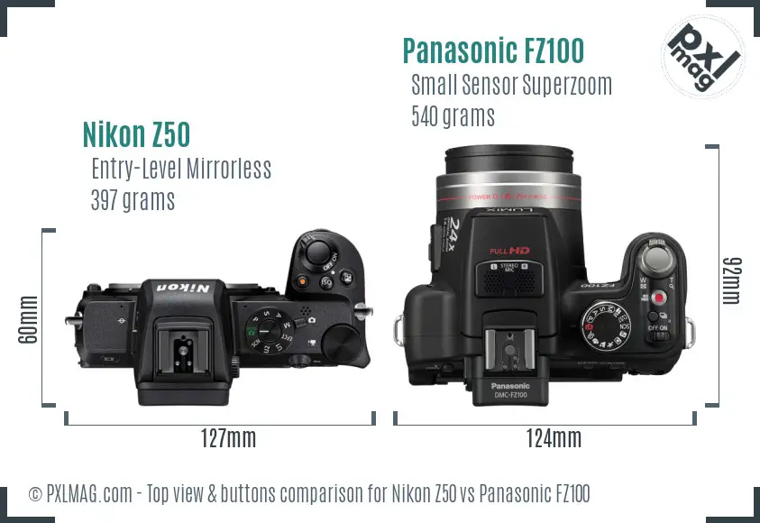 Nikon Z50 vs Panasonic FZ100 top view buttons comparison