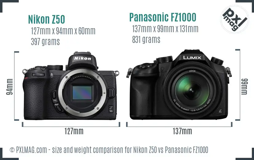 Nikon Z50 vs Panasonic FZ1000 size comparison