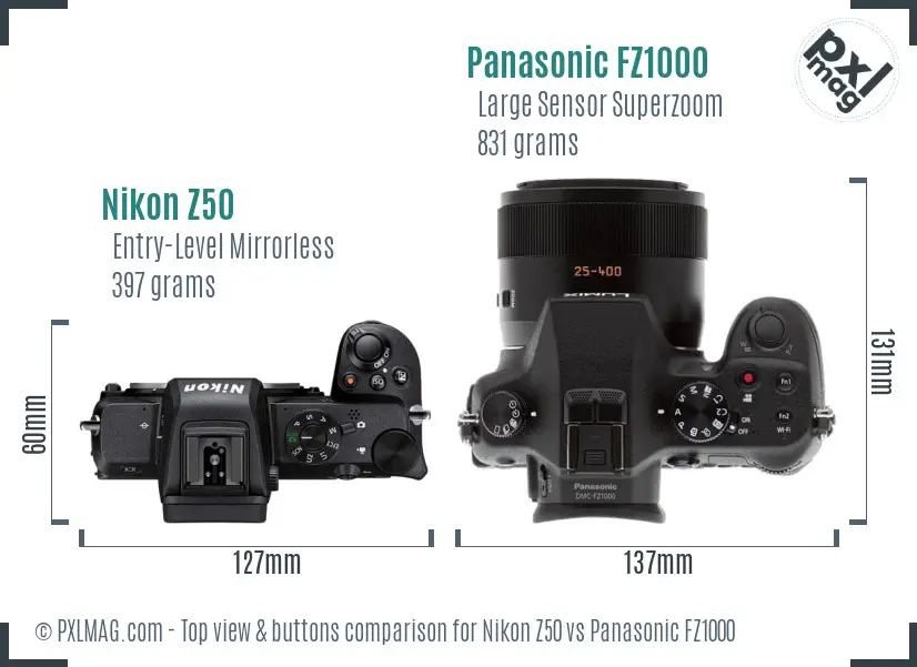 Nikon Z50 vs Panasonic FZ1000 top view buttons comparison
