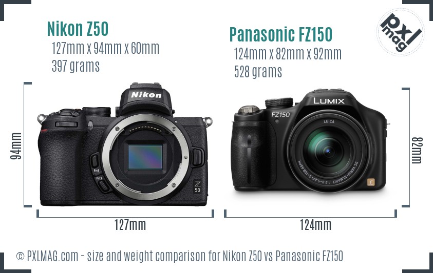 Nikon Z50 vs Panasonic FZ150 size comparison