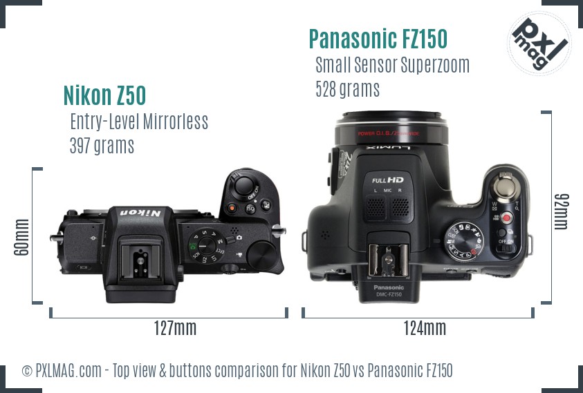 Nikon Z50 vs Panasonic FZ150 top view buttons comparison