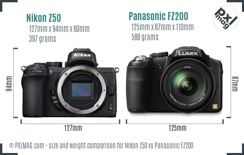 Nikon Z50 vs Panasonic FZ200 size comparison