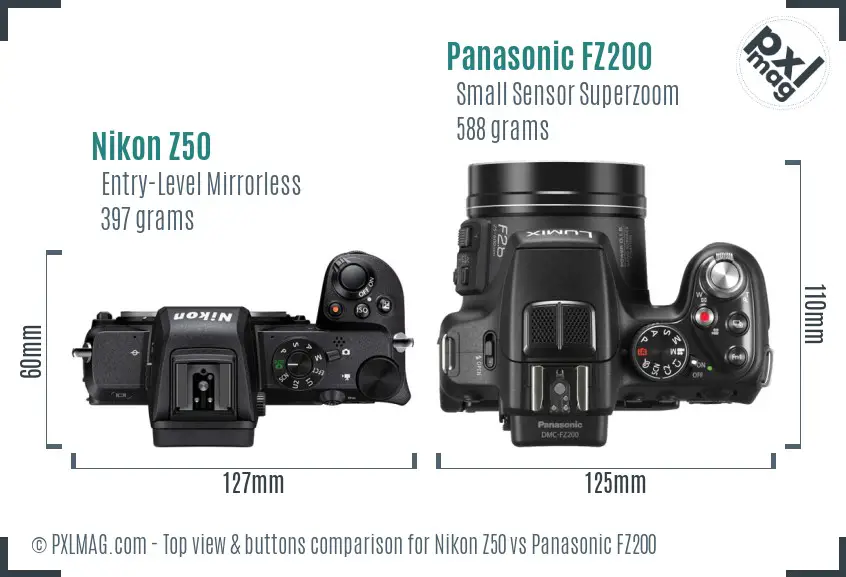 Nikon Z50 vs Panasonic FZ200 top view buttons comparison