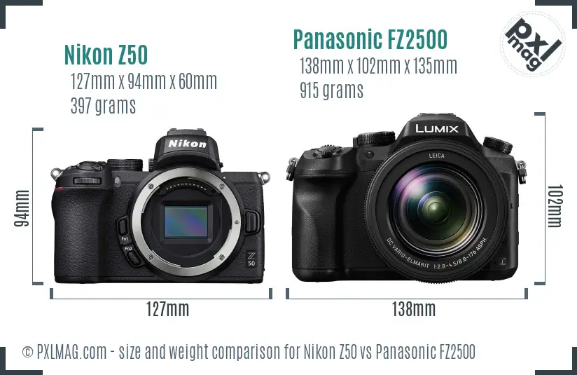 Nikon Z50 vs Panasonic FZ2500 size comparison