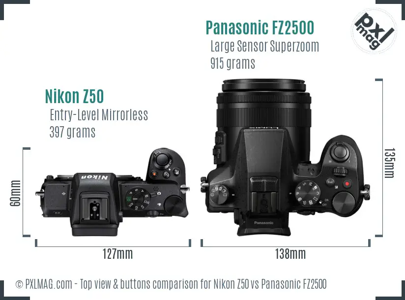 Nikon Z50 vs Panasonic FZ2500 top view buttons comparison