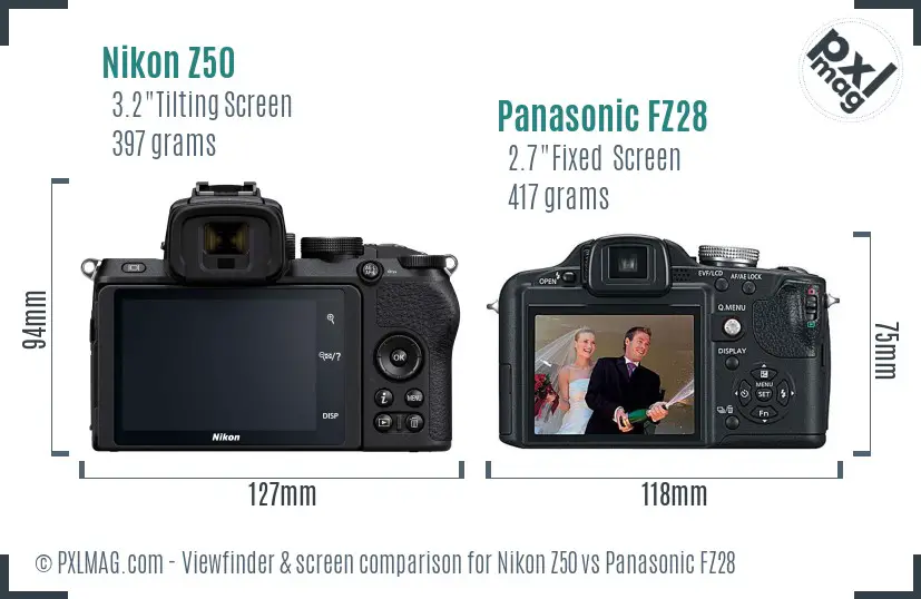 Nikon Z50 vs Panasonic FZ28 Screen and Viewfinder comparison