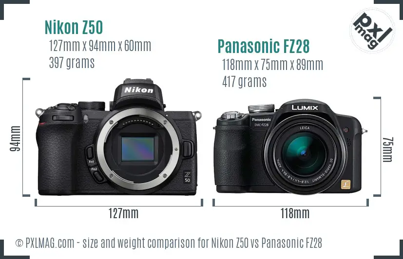 Nikon Z50 vs Panasonic FZ28 size comparison