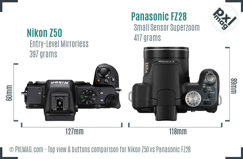 Nikon Z50 vs Panasonic FZ28 top view buttons comparison