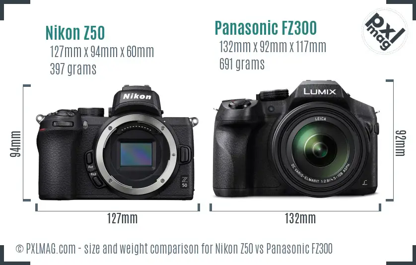 Nikon Z50 vs Panasonic FZ300 size comparison