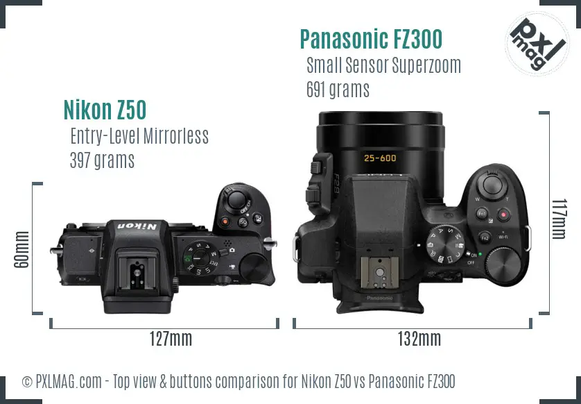 Nikon Z50 vs Panasonic FZ300 top view buttons comparison