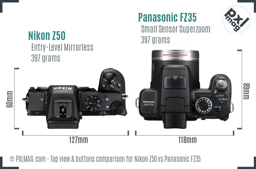 Nikon Z50 vs Panasonic FZ35 top view buttons comparison