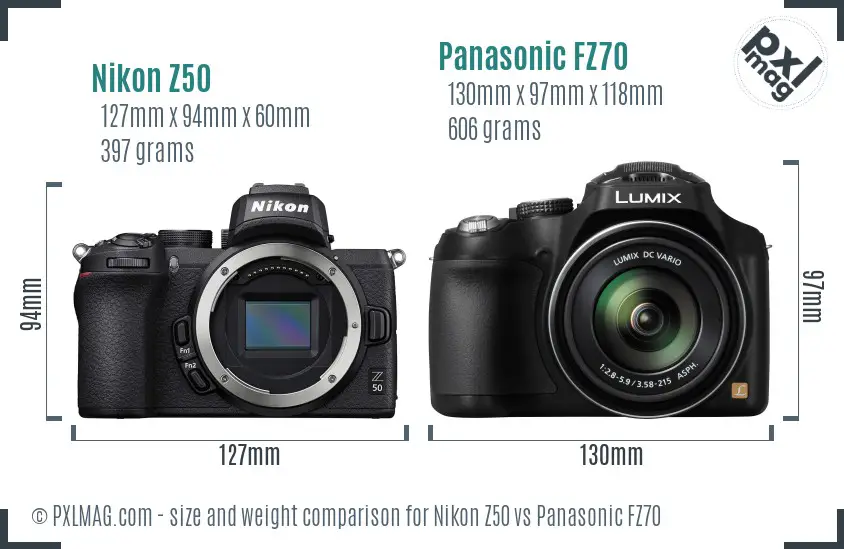 Nikon Z50 vs Panasonic FZ70 size comparison