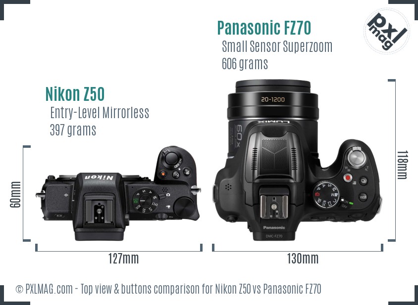 Nikon Z50 vs Panasonic FZ70 top view buttons comparison