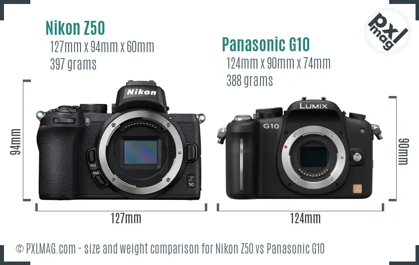 Nikon Z50 vs Panasonic G10 size comparison