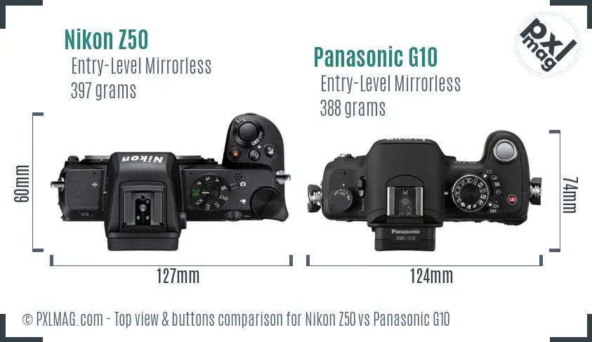 Nikon Z50 vs Panasonic G10 top view buttons comparison