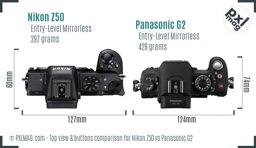 Nikon Z50 vs Panasonic G2 top view buttons comparison