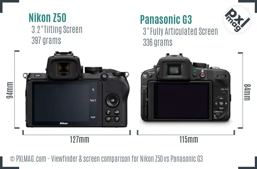 Nikon Z50 vs Panasonic G3 Screen and Viewfinder comparison
