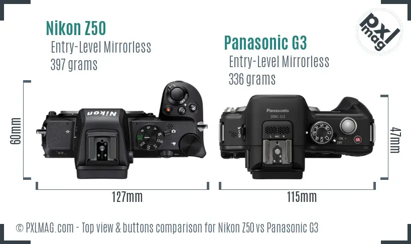 Nikon Z50 vs Panasonic G3 top view buttons comparison