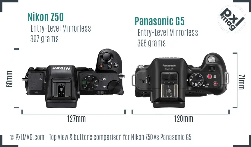 Nikon Z50 vs Panasonic G5 top view buttons comparison