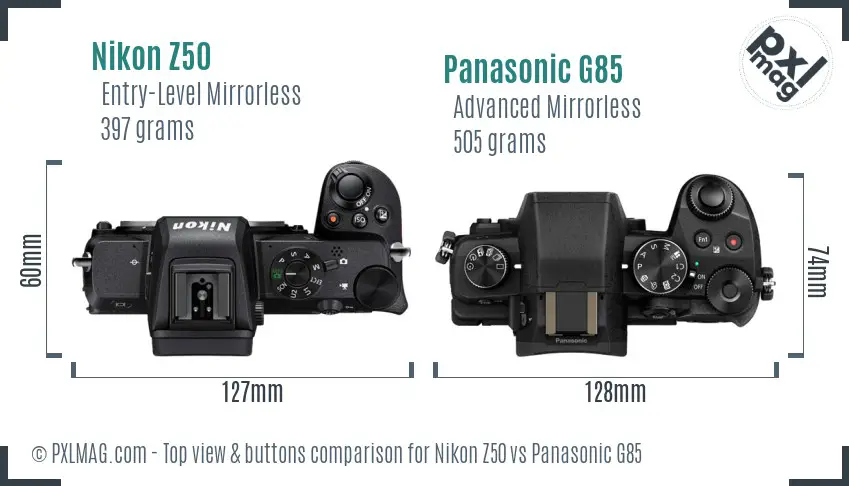 Nikon Z50 vs Panasonic G85 top view buttons comparison