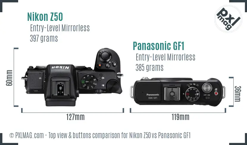 Nikon Z50 vs Panasonic GF1 top view buttons comparison