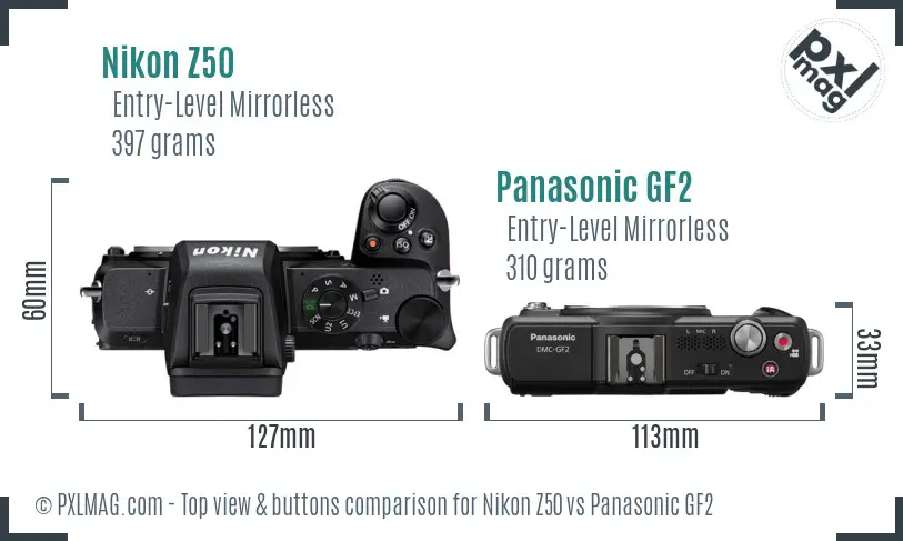 Nikon Z50 vs Panasonic GF2 top view buttons comparison