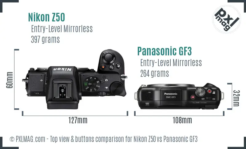 Nikon Z50 vs Panasonic GF3 top view buttons comparison