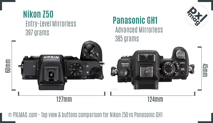Nikon Z50 vs Panasonic GH1 top view buttons comparison