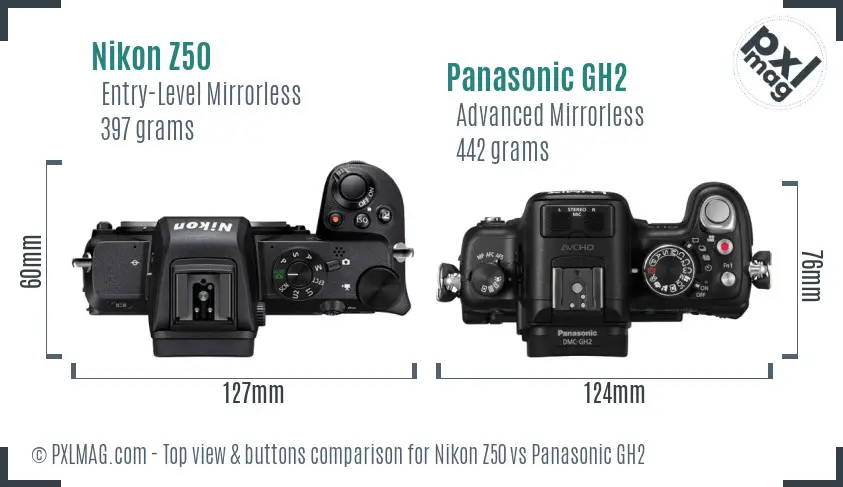 Nikon Z50 vs Panasonic GH2 top view buttons comparison