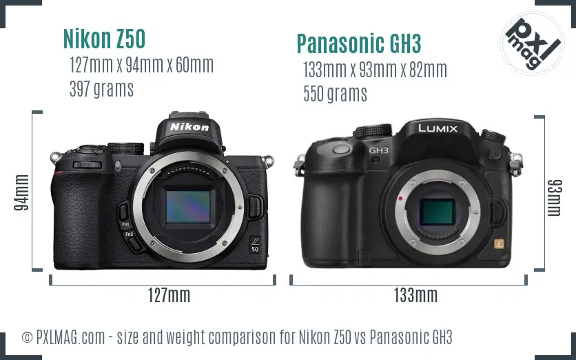 Nikon Z50 vs Panasonic GH3 size comparison