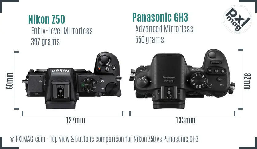 Nikon Z50 vs Panasonic GH3 top view buttons comparison