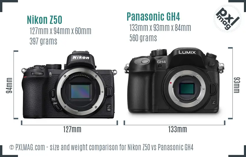 Nikon Z50 vs Panasonic GH4 size comparison