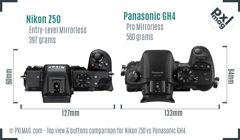 Nikon Z50 vs Panasonic GH4 top view buttons comparison