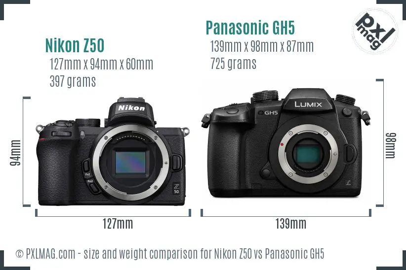 Nikon Z50 vs Panasonic GH5 size comparison
